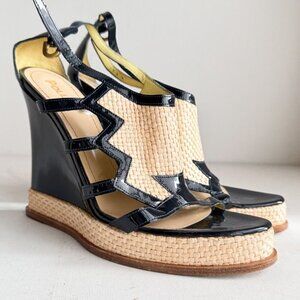 Pollini Raffia Patent Leather Navy Blue Wedge Summer Heels 40